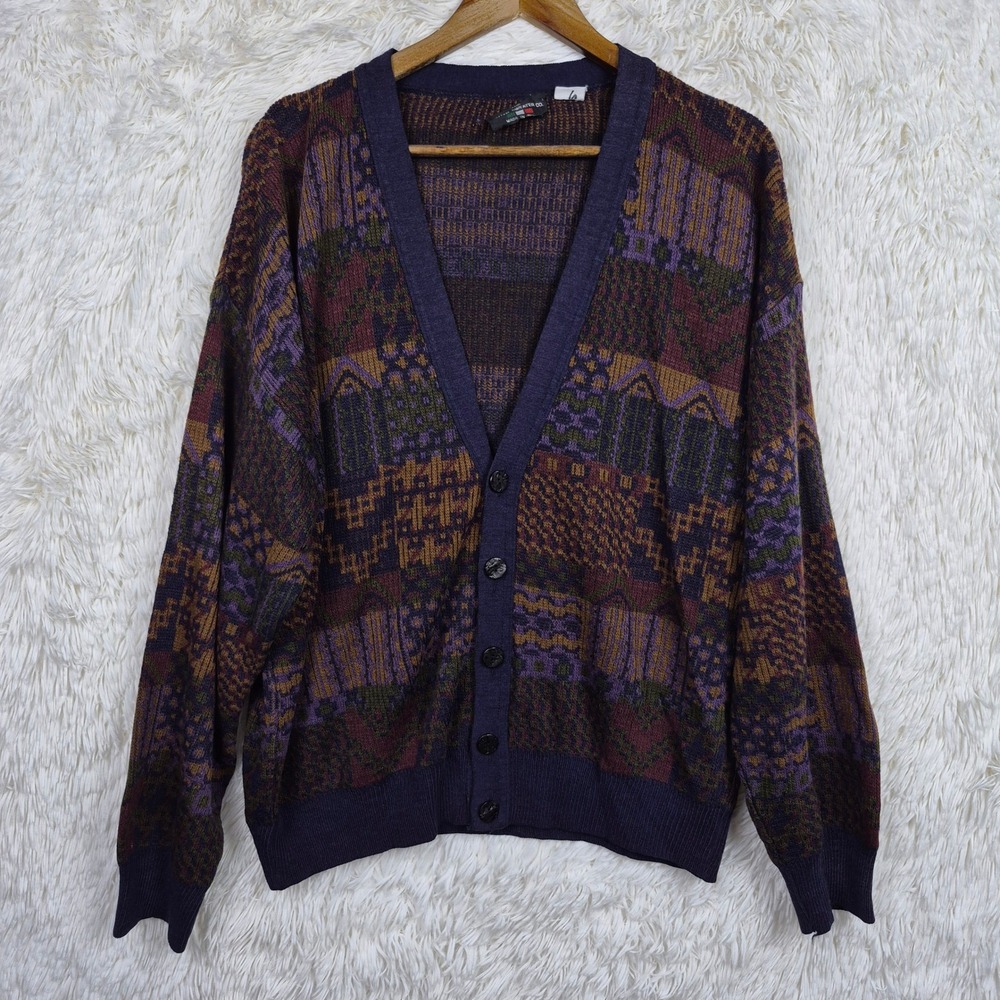Vintage Italian Sweater Co Mens Large Geometric Knit Cardigan Purple Made Italy